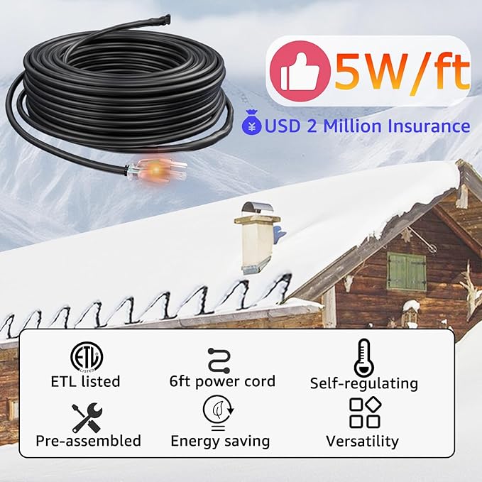 HEATIT JHSF1 Self Regulating Pre-Assembled Heating Cable with Spacer and Clips, Heat Tape for Roof Deicing and Pipe Freeze Protection,120V 5W/ft, 10FT