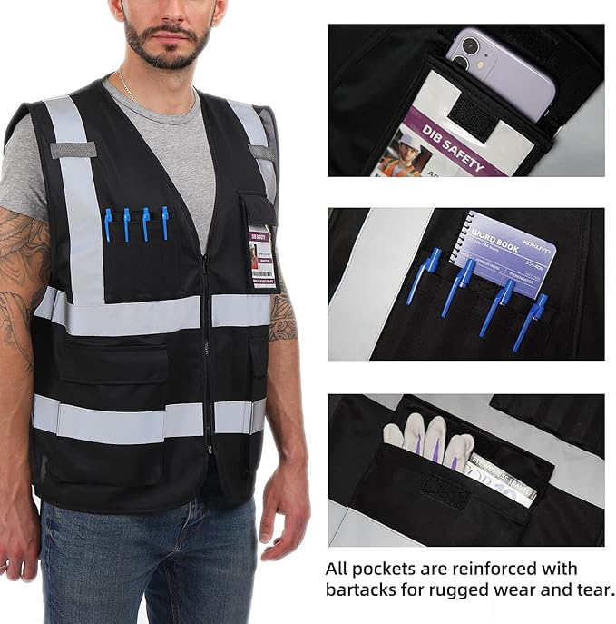 Dib Safety Reflective Vest High Visibility with Pockets and Zipper, Black 2XL