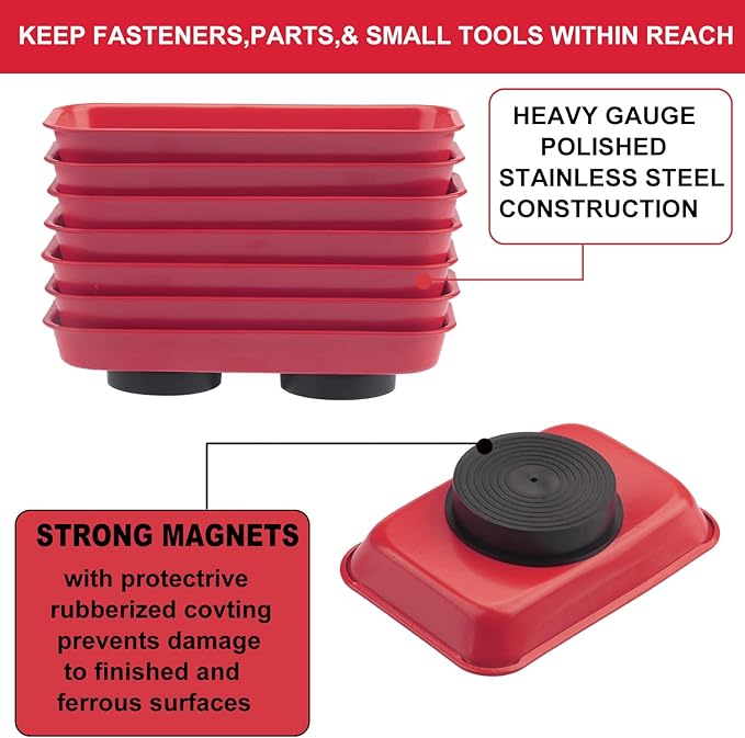 10 PCS Red Magnetic Parts Trays, Include 5 PCS 5.9X2.6Inch & 5 PCS 3.7X2.5 Inch, Magnet Tool Tray, Magnetic Parts Tray, Red, by GENHAKON