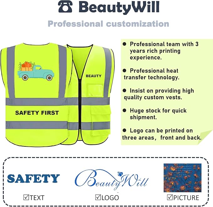 BeautyWill Custom Logo 10/20 Pack Safety Vest Class2 High Visibility Vest with Pockets Breathable Construction Vest Bulk