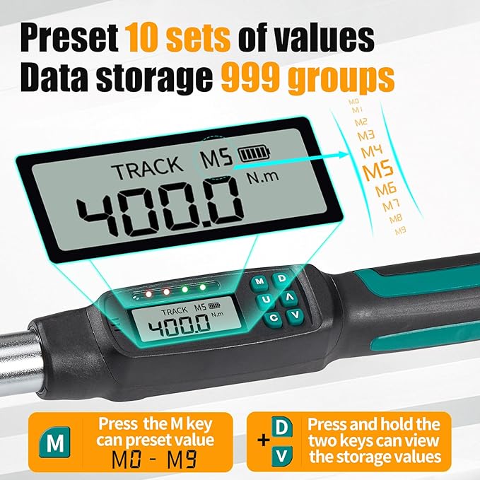 Heavy-Duty 1/2-Inch Drive Digital Torque Wrench, 15-295 ft-lb (20-400 Nm), ±2% Accuracy - High-Torque Electronic Wrench with Buzzer & LED Alerts, Adapters for Truck, Tractor & Farm Equipment