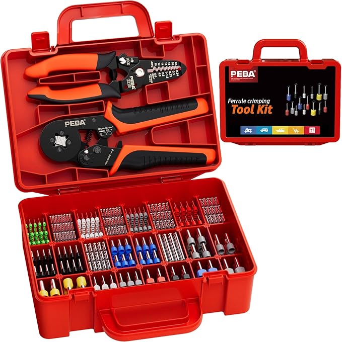PEBA Ferrule Crimping Tool Kit - 24 Sizes Ferrules Terminals Purple Copper & Self-Adjusting Ratchet Square Crimper for AWG 28-7 Wire Ferrules - Perfect for Electrical Wiring, DIY Projects