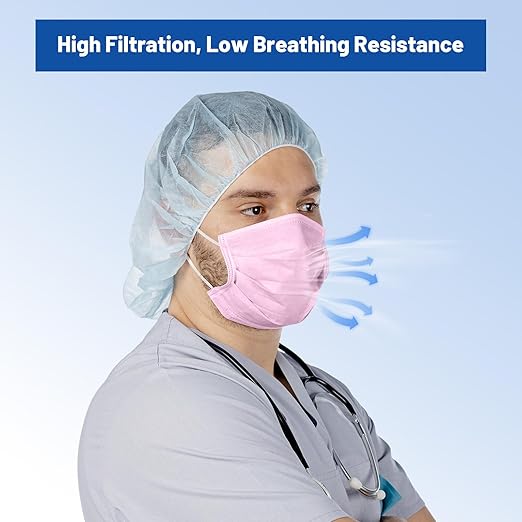 JMU Pink Disposable 4 Ply Earloop Face Masks, 50 Pack Level 3 Filter Protection Face Masks for Adult