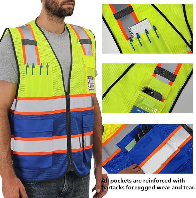 Dib Safety Reflective Mesh Vest High Visibility Two Tone with Pockets and Zipper, Yellow and Blue Mesh with Orange Trim 2XL