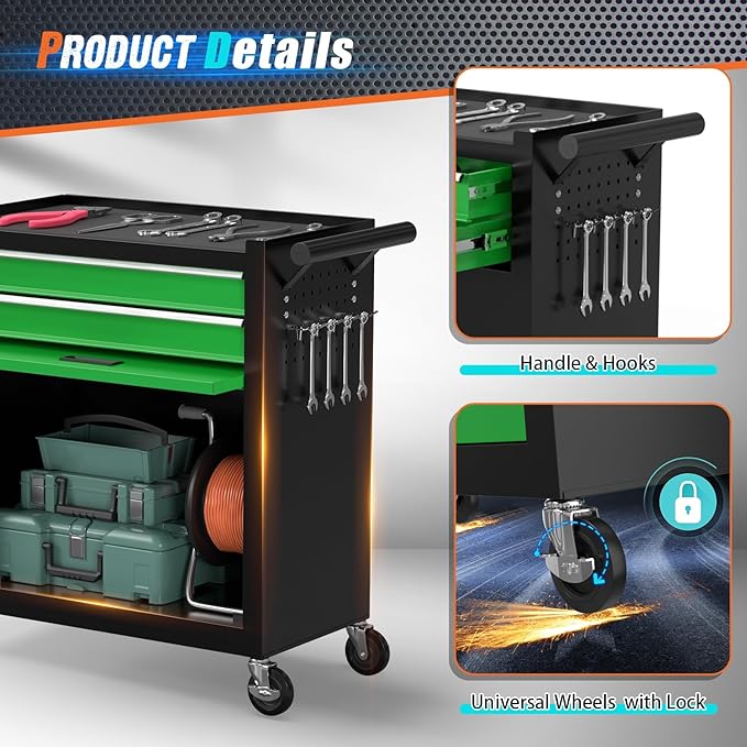 8-Drawer Rolling Tool Chest with Wheels, 2-in-1 Detachable Tool Box with Drawers and Large Cabinet, Rolling Tool Chest Storage Cabinet with Lockable for Warehouse, Garage, Workshop (BlackGreen)