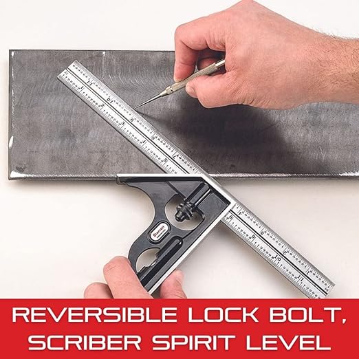 Starrett Steel Combination Square with Square Head and SLC - 12" Blade Length, Forged and Hardened Steel Heads, Reversible Lock Bolt, Scriber, Spirit Level, 4R Graduation Type - C33H-12-4RW/SLC