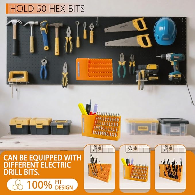 50-Slot Bit Organizer for Impact and Screwdriver Bits, Hex Key Holder 1/4"/6.35mm Shaft Compatibility, Wall and Workbench Mountable, Ideal for Garage and Workshop.