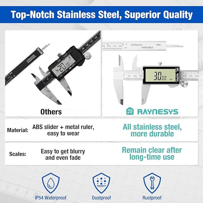 Digital Caliper 6 Inch with Large LCD Screen, Inch/MM/Fraction Conversion, 150mm Micrometer Caliper All Stainless Steel Diameter Measuring Tool for Jewelers/Woodworkers/DIY