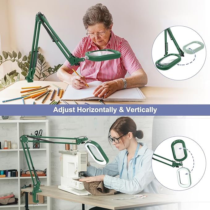 10X Rectangle Magnifying Glass with Light and Clamp, 5 Color Modes Stepless Dimmable, Lighted Magnifier with Stand Hands Free, Flexible Swing Arm LED Desk Lamp for Close Work, Craft, Painting - Green