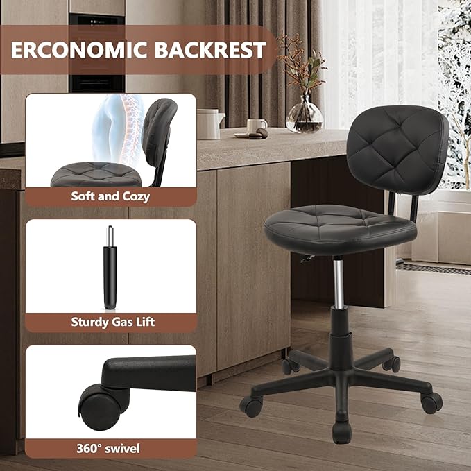 Rolling Stool Chair with Backrest Leather Swivel Salon Spa Stools, Adjustable Height Work Garage Chairs for Home Bar Desk Computer, 2PK
