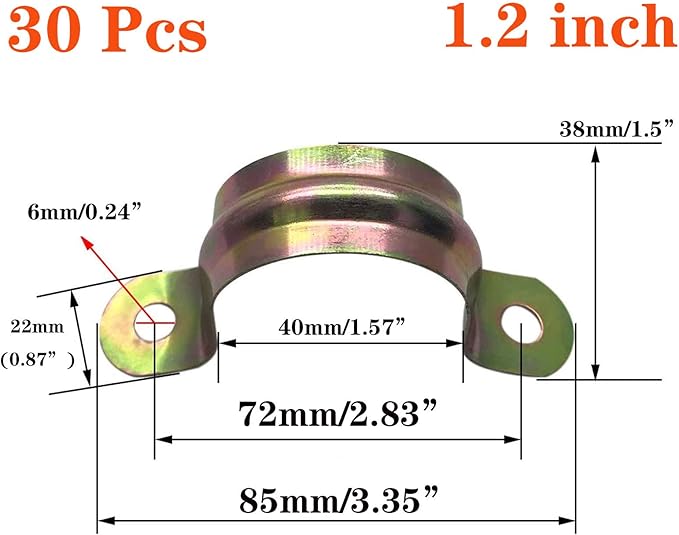 30 Pcs 1.2inch Rigid Pipe Strap,Two Hole Strap U Bracket Iron, Widened Tube Strap Tension Clip Assortment Kit Heavy Duty Pipe Clamp（40mm）