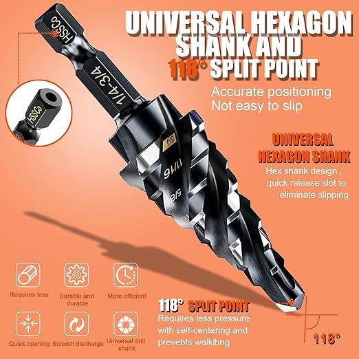 Four Spiral Flute Step Drill Bit for Metal,M35 Cobalt Unibit Step Drill Bit Set 1/4"-3/4"(9 Sizes),Wear-Resistant AlTiN Coated,1/4" Hex Shank for Metal, Stainless Steel, Aluminum, Plastic