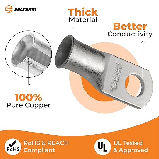 SELTERM 10pcs 1 AWG-5/16 Stud Tinned Copper Wire Lugs, Heavy Duty Cable Ends, 1 Gauge Ring Terminals, UL Battery Lugs Marine Grade Copper Eyelets Electrical Terminal Connectors