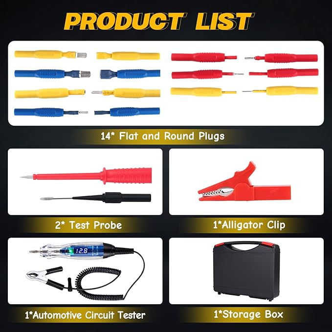 Test Light Probe Kit, 3-72V DC LED Digital Automotive Circuit Tester with Voltmeter, 18 Pieces Multi Function Auto Fuse Voltage Tester Electric Probe Test Kit with Black Carrying Case