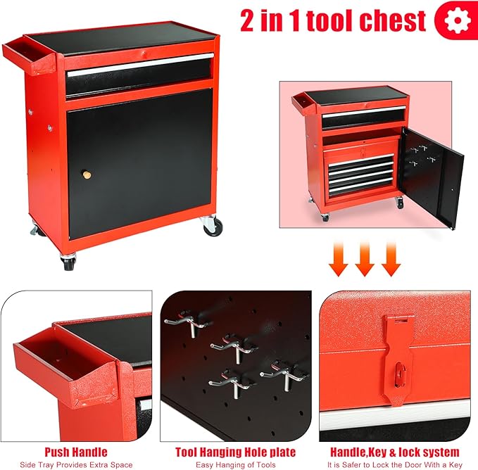 5-Drawer 2 in 1 Rolling Tool Chest, Tool Storage Cabinet w/Drawers, Wheels, Detachable Top, Mechanic Tool Organizer Box for Garage, Workshop, Warehouse Red & Black Durable Lockable