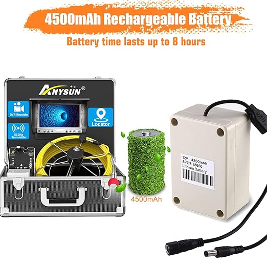 Anysun Sewer Camera with Locator, Pipe Camera with 512Hz Sonde Transmitter and Receiver, IP68 Waterproof Industrial Plumbing Endoscope Drain Snake Cam with 7" LCD Monitor, 8G SD Card (165Ft/50M Cable)