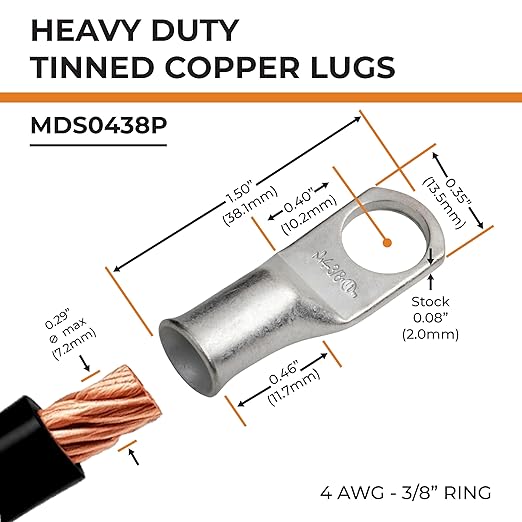 SELTERM 10pcs 4 AWG-3/8 Stud Tinned Copper Wire Lugs, Heavy Duty Battery Cable Ends,4 Guage Ring Terminals, UL Battery Lugs Marine Grade Copper Eyelets Electrical Battery Terminal Connectors