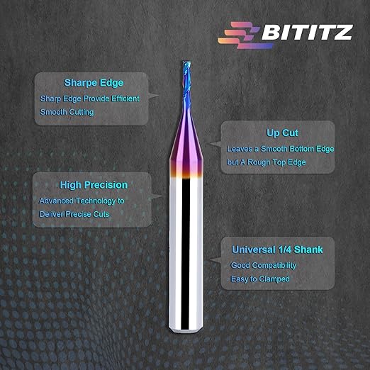 Upcut Spiral Router Bit 1/4 Inch Shank 1/16 Inch Cutting Diameter 1/4 inch Cutting Length with Extra Long Life Coating CNC Router Bits End Mill for Wood Cutting, Slot Mortise, Engraving