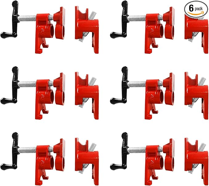Pipe Clamps 3/4 inch 6 Pack Pipe Clamp with Unique Foot Ideal for Carpentry, Home Improvement, and DIY Projects Wood Gluing Clamps (Red, 3/4 IN)