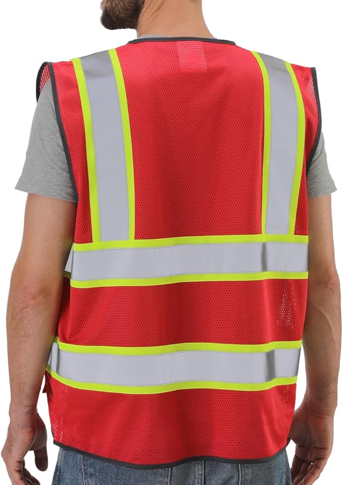 Dib Safety Reflective Mesh Vest High Visibility Two Tone with Pockets and Zipper, Red Mesh with Yellow Trim L