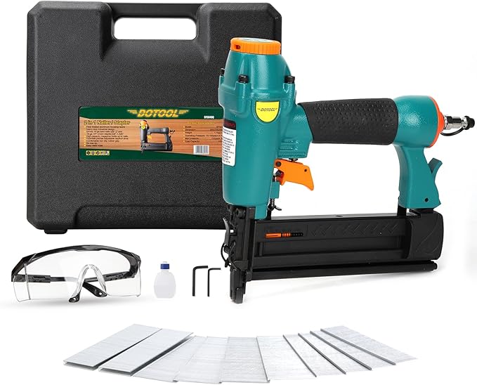 Pneumatic Brad Nailer - 18 Gauge 2-in-1 Nailer, 5/8'' to 2'' Brad Nails and 5/8'' to 1-5/8'' Crown Staples, Safety Glasses and 1000pcs Nails, for Carpentry, DIY, Woodworking