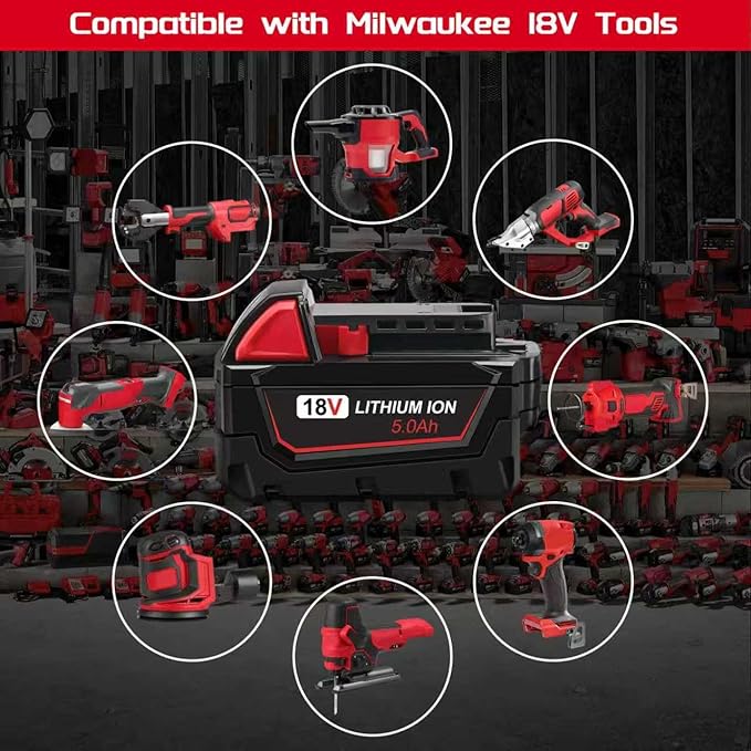 2 Pack 5.0Ah 18V Batteries Replace for Milwaukee M18 Battery Lithium lon 48-11-1850 48-11-1860, Compatible with Milwaukee m18 Battery Charger and 18 Volt Cordless Power Tools