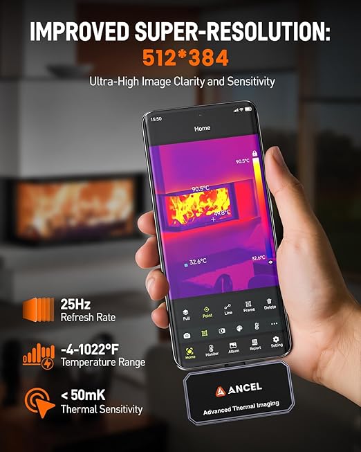 ANCEL IR101 Thermal Camera, 512x384 IR Resolution Thermal Imaging Camera for Android (USB-C), 25Hz Real-Time Diagnostic Infrared Camera, 0.24W Thermal Imager for Home/PCB Inspection/Automotive Repair