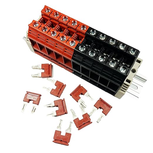Dinkle Combiner DK16N Red/Black 10 Gang Box Connector DIN Rail Terminal Blocks, 3-14 AWG, 100 Amp, 600 Volt 8 Jumpers Installed