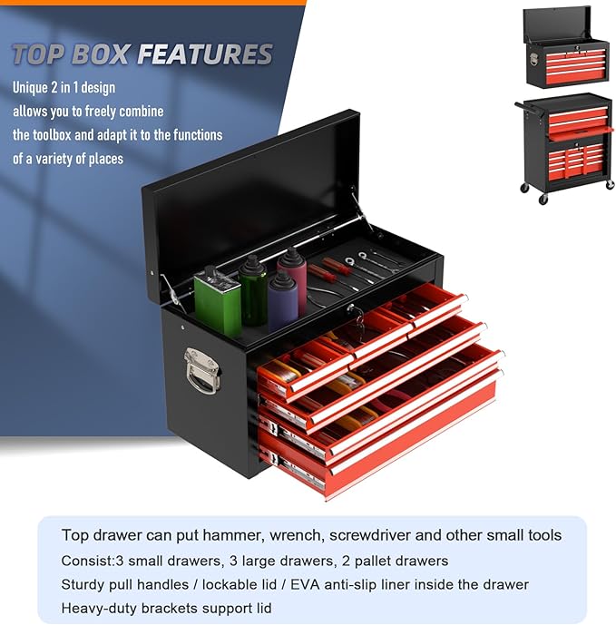 8-Drawer High Capacity Rolling Tool Chest with Wheels, Big Tool Storage Removable Tool Box Combo, Tool Storage Cabinet with Lockable Drawers, Toolbox for Workshop (Black&Red)