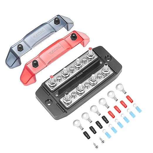 Recoil DBBS43 Dual Row Busbar Positive and Negative 4 x M5 Studs 3 x #8 Screw Terminals Power and Ground Distribution Block with Ring Terminals Bus Bar
