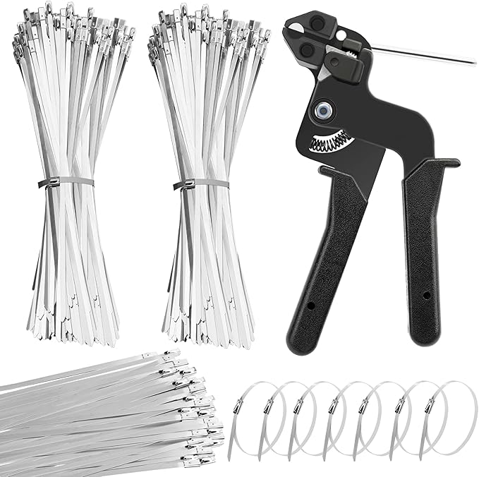 Heavy Duty Stainless Steel Cable Tie Gun Kit with 200 PCS 8.3 Inch Self-Locking Metal Zip Ties, Adjustable Tension & Cutting Tool for Garden Fence Repair, Outdoor Projects, Automotive (8.3'')