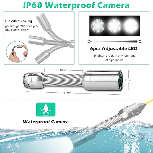 Sanyipace Sewer Camera 65FT/20M with DVR Recorder, Pipe Inspection Scope with Lights, IP68 Waterproof Camera Probe, 9" Color Screen, 16GB TF Card, Guide Wheel