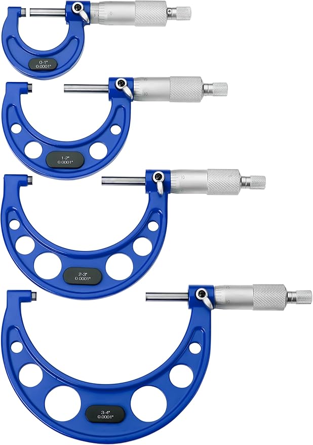 Premium Outside Micrometer Set 0-4" / 0.0001" (0-1"/1-2"/2-3"/3-4") Precision Machinist Tools w/Carbide Tips, Standards, Ratchet Stop, Blue