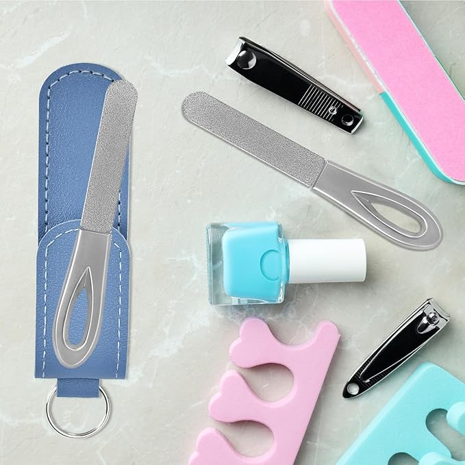 Metal Nail File with Case, 2 Pack Keychain Nail Files for Natural Nails, Fingernail Files Diamond Round Tip Stainless Steel Double Sided Fine Grit Sapphire Filer with Leather Sheath Travel Blue