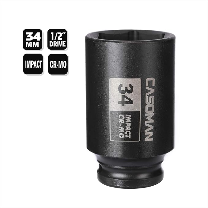 CASOMAN 1/2" Drive x 34 mm Deep 6 PT Impact Socket, CR-MO, 1/2-inch Drive 6 Point Axle Nut Socket for Easy Removal of Axle Shaft Nuts (34MM)