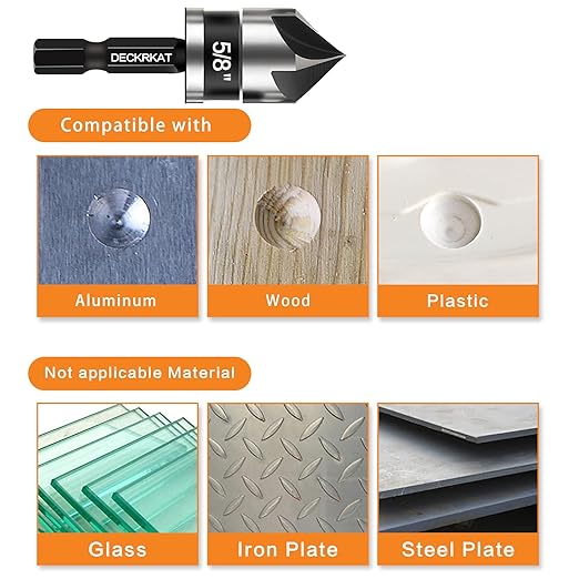 5 Pcs Countersink Drill Bit Set, 82 Degree, 5Flute with 1/4” Quick Change Hex Shank, Sizes 1/4” to 3/4” for Metal, Wood & Plastic, Ideal for Carpentry, Metalwork, Plastic Fabrication