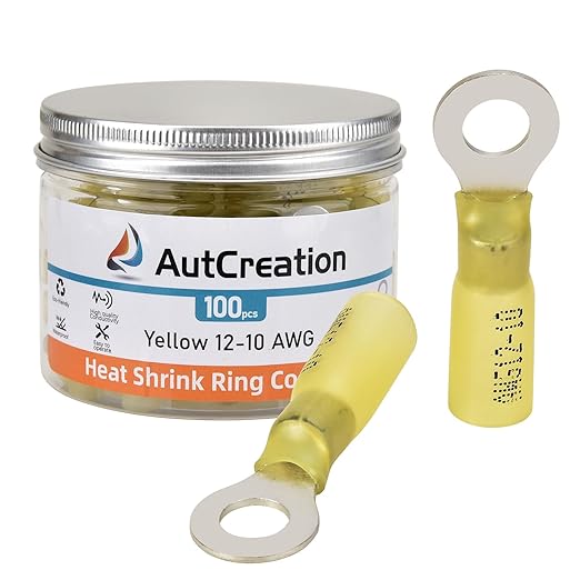 AutCreation 100PCS Heat Shrink Ring Terminals 1/4" Yellow 12-10 AWG Marine Grade Electrical Wire Connectors, Tinned Red Copper Resistant Ring Connectors, Insulated Waterproof Crimp Terminals