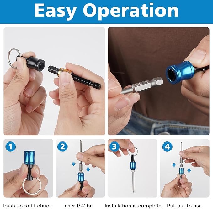 1/4 Bit Holder Keychain 6pc, 1/4 inch Hex Shank Bit Holders, Quick Release Bit Holder For Nut Driver, Screwdriver & Drill Bits w/Key Chain Carabiner