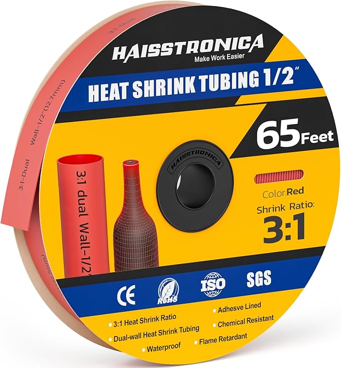haisstronica 3:1 Heat Shrink Tubing, Shrink Ratio Adhesive Lined Marine Grade Heat Shrink Tube for Home, Automotive and Industrial (Red) 65FT 1/2inch