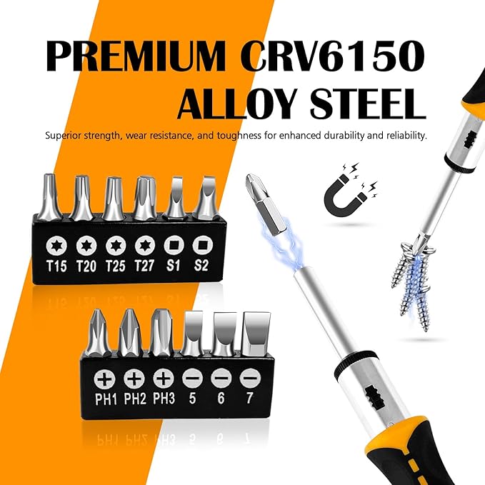 13-in-1 Ratcheting Screwdriver Set, Adjustable Multi-bit with Magnetic Tips (Flat, Phillips, Torx, Hex, Square, Nut Drivers), Cushion Grip Handle