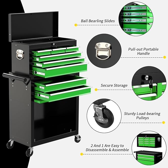 On Shine 8 Drawer Rolling Tool Chest, Large Capacity Rolling Tool Box with Wheels, Locking Mechanical Tool Chest, Portable Tool Box with Sliding Drawers,Metal Tool Box for Garage Workshop（Black Green）