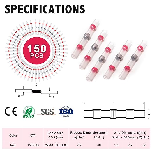 Kuject 150PCS Solder Seal Wire Connectors AWG 22-18, Red Solder Seal Heat Shrink Butt Connectors Terminals Sleeve Waterproof Wire Splice Connector for Marine Automotive Boat Wire Joint