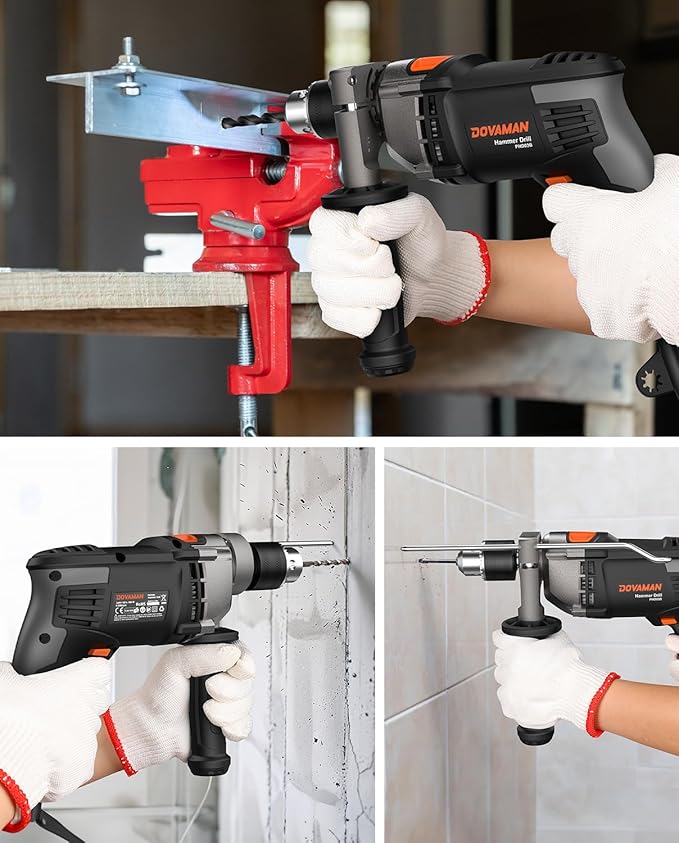 PHD03B 7.5A Corded Hammer Drill, 1/2'' Impact Drill with Variable Speed 0–3000RPM, Metal Chuck, 2 Modes for Concrete, Wood, Metal – Includes Bits & Carrying Case