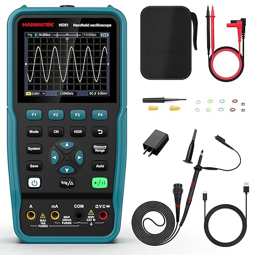 HANMATEK 3 in 1 Handheld Oscilloscope Multimeter,Waveform Generator HO51 with 3.5" TFT Oscilloscop, Auto-Calibration Function, Memory Function, Multi Tester