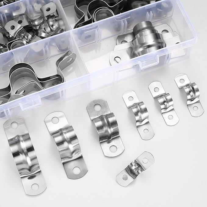 90 Pcs Two Hole Strap U Clamp,Pipe Strap U Bracket Clamp, Stainless Steel Rigid Pipe Strap U Bracket Tube Strap Clamp Kit for Pipe Tube Fixing Mounting - 5/16" 3/8" 9/16" 1/2" 5/8" 3/4" 1"