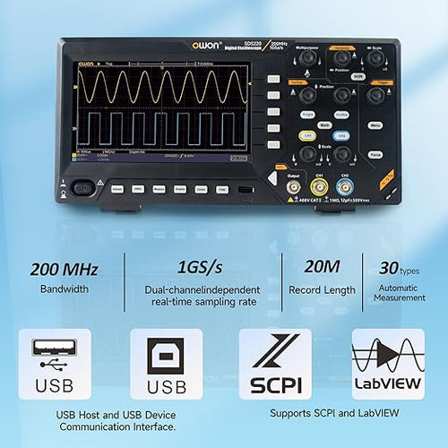200MHz Digital Oscilloscope, OWON SDS220 Oscilloscope Dual Channel 1GSa/s Sample Rate Support FFT Spectrum Analysis Support 30 Automatic Waveform 7 inch LCD Display