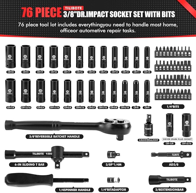 3/8" Impact Socket Set,74pcs Drive 6-Point Deep Socket Wrench Set With 72 Tooth Count Ratchet, Standard SAE 5/16" - 7/8" & Metric 8mm - 22mm,Socket Set For Home Use And Automotive Repair.