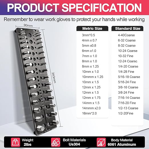 51-in-1 Bolt Size Finder & Thread Checker, 32 Metric & 32 SAE Nut and Bolt Thread Gauge with 19 Drill Bit Checker, CNC-Machined Aluminum Screw Size Chart, Go/No-Go ANSI Standard, Non-Slip Base
