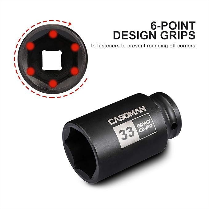 CASOMAN 1/2" Drive x 33 mm Deep 6 PT Impact Socket, CR-MO, 1/2-inch Drive 6 Point Axle Nut Socket for Easy Removal of Axle Shaft Nuts (33MM)