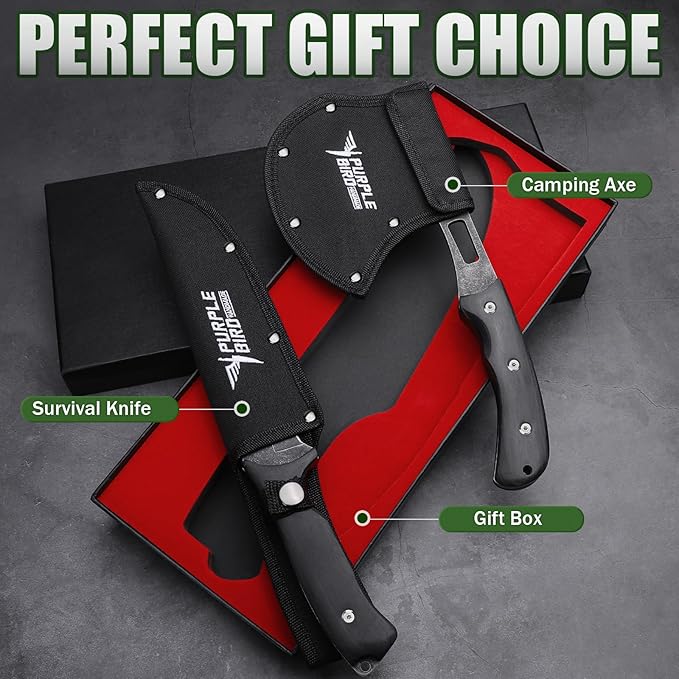 PURPLEBIRD Outdoor Survival Axe & Fixed Blade Knife Set - Full Tang Camping Hatchet and Hunting Knife with Sheath, Lightweight Small Hand Axe & Bushcraft Knives Set with Wood Handle, Gift Box for Men